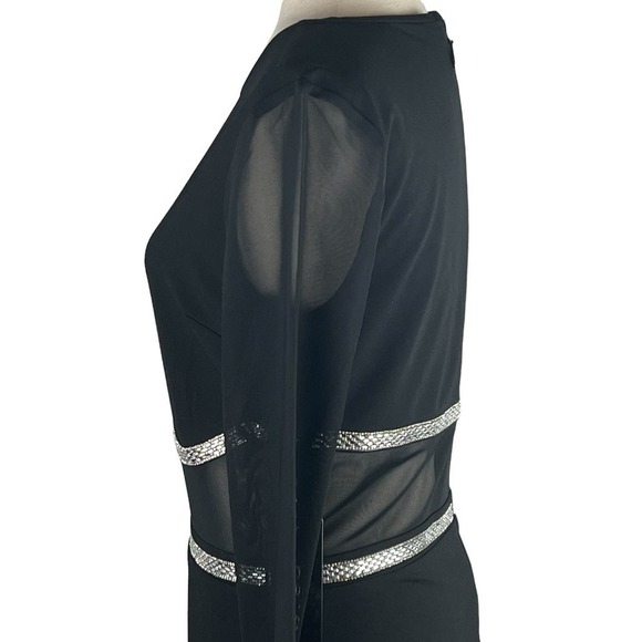 BEBE EMBELLISHED TRIM MESH LONG SLEEVE BODYCON DRESS IN BLACK NWT WOMEN'S LARGE - Picture 7 of 16